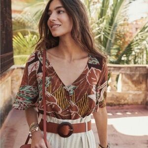 Sezane Aretha Silk Neutral Brown Safari Botanical Blouse- Size 36 US 6